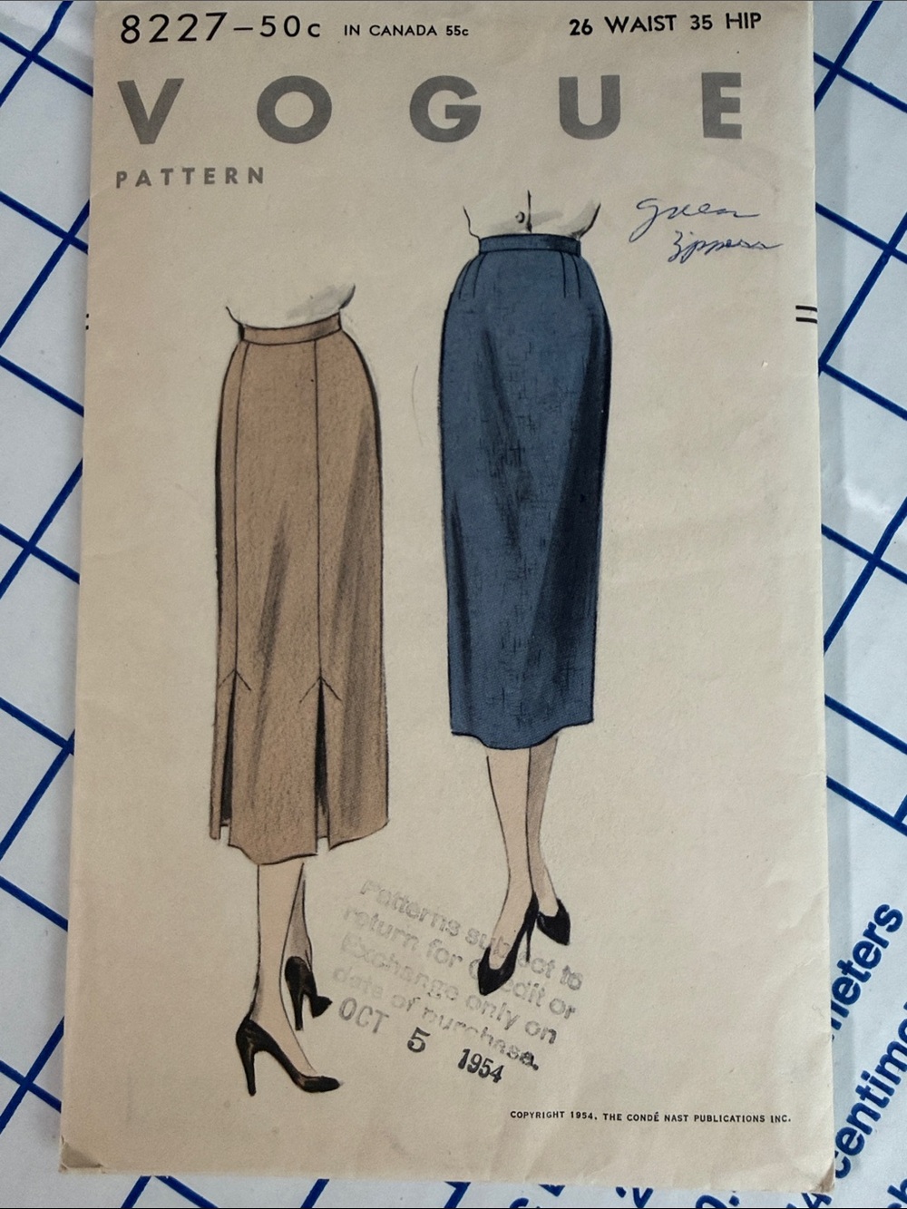 Vintage 1954 Vogue 8227 Pencil Skirt Sewing Pattern 26 Waist 35 Hip Complete